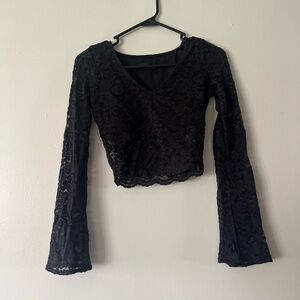 Black Embellished Bell Sleeve Crop Top